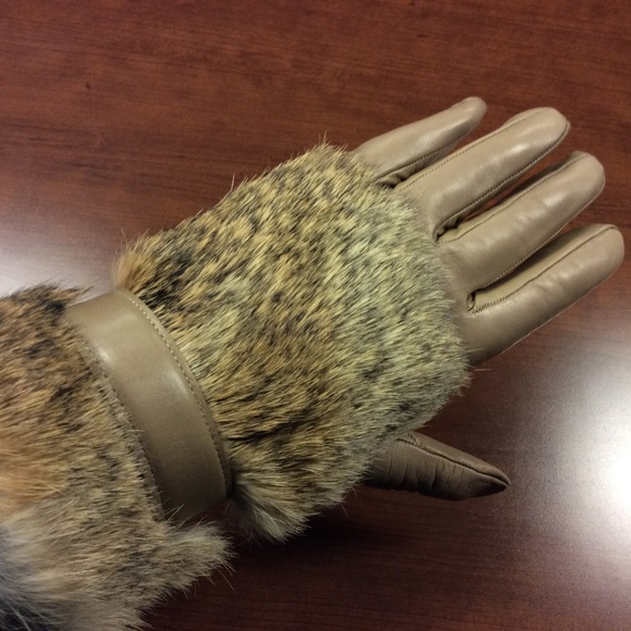 Leather Cashmere Lined Rabbit Fur  Gloves - Picture 2 of 7
